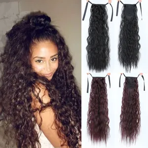 Long curly synthetic ponytail extension with ribbon drawstring for women daily hair styling.