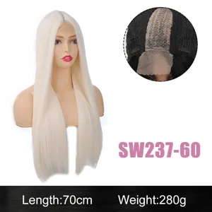 Detailed view of the 70cm long straight synthetic wig lace cap structure and parting.