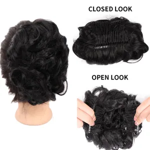 Synthetic hair bun detail, wig piece with secure clip, easy to wear, black voluminous style.