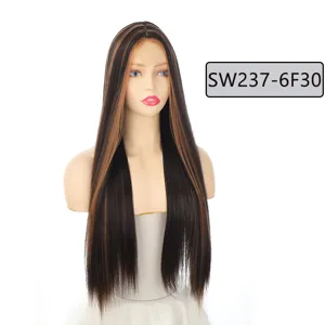 Detailed view of the long straight synthetic lace front wig in brown highlight color.