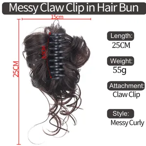 Dettaglio di chignon riccio disordinato sintetico, lunghezza 25cm, peso 55g, stile naturale.