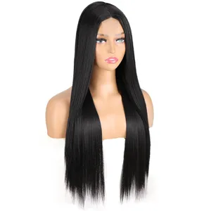 Close-up detail of the long straight black synthetic wig middle part, natural fiber texture.