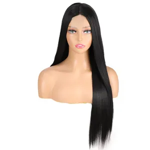 Black long straight lace front wig synthetic hair 70cm detail view of modern style.
