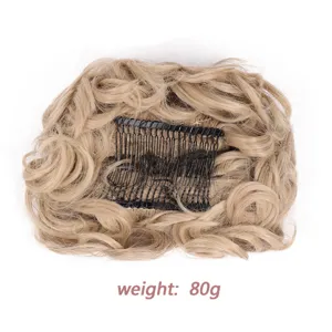 Blonde curly hair bun extension detail, 80g heat resistant synthetic messy updo hairpiece.