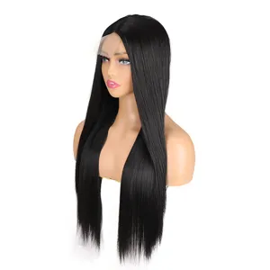 Detailed view of the black long straight lace front wig with natural parting and soft fibers.
