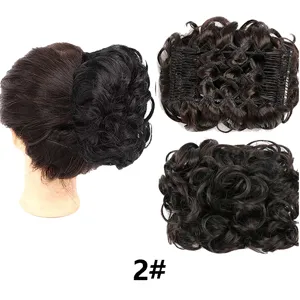 Synthetic curly hair bun detail showing inner comb clip and fluffy texture design.