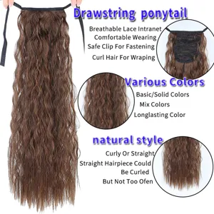 Synthetic curly drawstring ponytail hair extension with breathable lace net and secure clips.