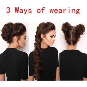 Synthetisch haar knot extensie krullend bruin haarstukje pruik kapsel 3 manieren