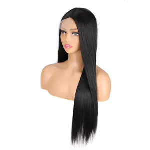 Long black straight wig for women, middle part synthetic lace front wig, 70cm daily wear hair.