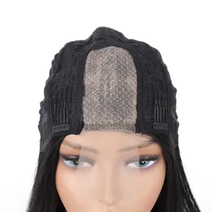 Detailed close-up view of the black wig lace front cap structure with internal clips and parting.