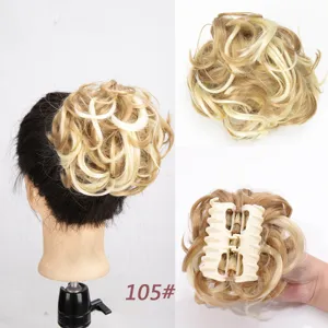 Synthetic hair bun claw clip extension for women, fluffy curly chignon hairpiece detail view.