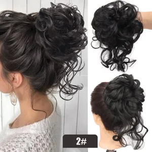 Detailed view of fluffy messy synthetic hair bun extension showing natural curls.