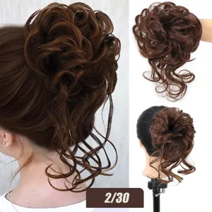 Synthetic messy hair bun detailed view, fluffy curly updo hairpiece with wispy ends.