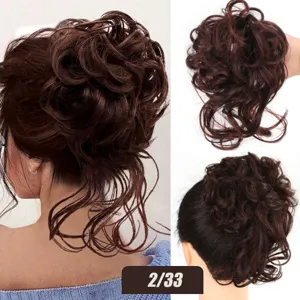 Fluffy messy synthetic hair bun extension 25cm dark brown claw hair piece for women.