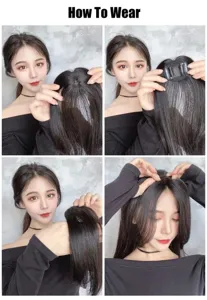 Postiche synthetique avec clips frange raie au milieu naturelle extension de cheveux femme