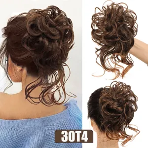 Synthetic messy curly hair bun hair extension brown hairpiece 25cm for easy daily use