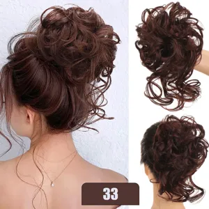Synthetic messy hair bun extension for women, fluffy curly updo hairpiece 25cm brown.