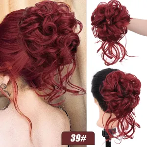 Synthetic messy hair bun scrunchie high temperature fiber burgundy hairpiece 25cm.