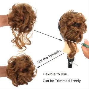 Synthetic messy hair bun extension with long tendrils, fluffy high temperature fiber wig piece.