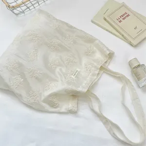 White floral embroidered canvas tote bag, aesthetic vintage shoulder bag for spring and summer.