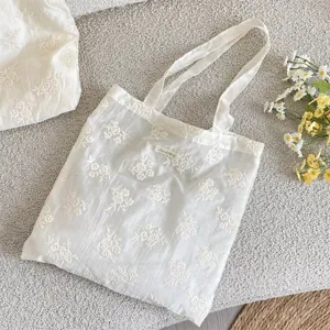 White sheer floral embroidered tote bag, literary chic shoulder bag, daily summer casual handbag.