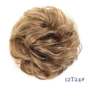 Synthetic hair bun detail shot, messy curly hair scrunchie for women, natural volume styling.
