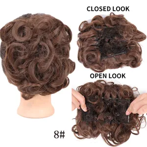 Synthetic curly hair bun clip-in hairpiece, easy to wear brown hair extension for women.