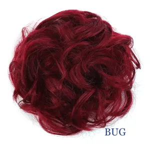 Synthetic burgundy messy hair bun scrunchie, fluffy hair extension styling detail view.