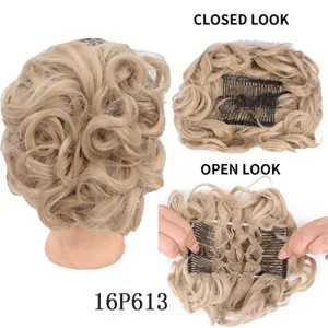 Detail view of blonde synthetic hair bun claw clip extension, showing open and closed look.