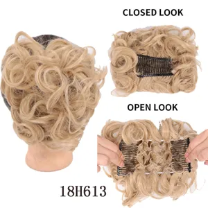 Closer detail view showing the open and closed structure of the blonde synthetic hair bun.