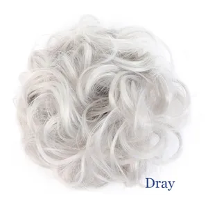 Synthetic hair bun detail view, fluffy messy scrunchie extension in light grey color.