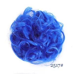 Synthetic hair bun hairpiece messy curly blue hair extension styling detail view
