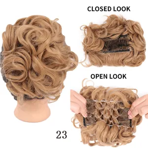 Synthetic hair bun claw clip extension detail showing open and closed comb styles color 23.