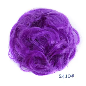 Close-up detail of synthetic purple fluffy messy hair bun scrunchie wig piece accessory.