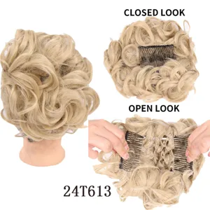 Synthetic curly hair bun claw clip extension heat resistant blonde curly chignon updo