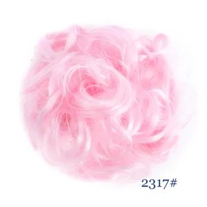 Pink synthetic hair bun detail shot, fluffy messy hair scrunchie extension for daily styling.