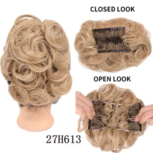 Synthetic hair bun updo wig piece with clip, multi-angle detail view showing open and closed look.
