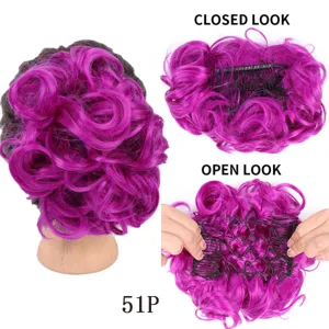 Synthetic hair bun extension purple curly claw clip updo hairpiece for daily use