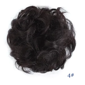 Synthetic messy hair bun scrunchie detail view, dark brown shade for natural volume.