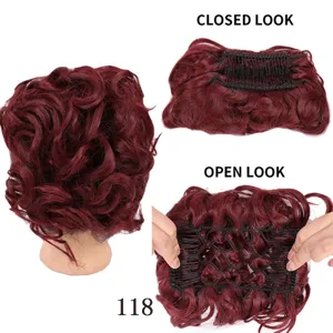 Synthetic wavy hair bun claw clip updo dark red high temperature fiber hairpiece.