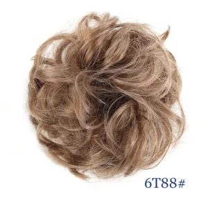 Synthetic messy hair bun detail view, fluffy hairpiece scrunchie texture close up.