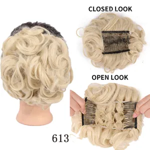 Synthetic blonde hair bun extension with comb clips, messy updo hair piece for women.