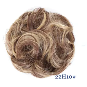 Closeup view of synthetic messy hair bun scrunchie, natural blonde and brown tone mix.