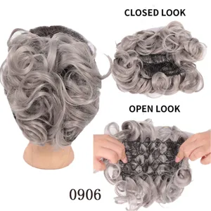 Synthetic curly hair bun extension grey messy hairpiece clip in updo hair styling tool.