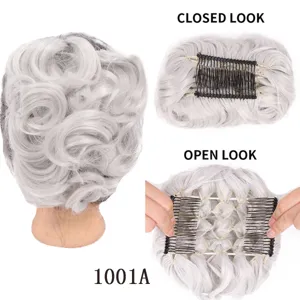Grey synthetic hair bun extension with combs, easy to wear high temperature fiber chignon.