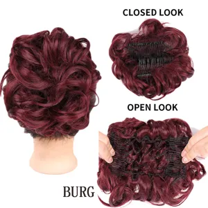 Burgundy claw hair bun synthetic hair extension, easy to wear curly updo wig piece for women.