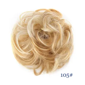 Synthetic messy hair bun hairpiece blonde color variant detail display showing natural texture.