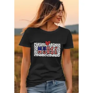 Schwarzes Damen-T-Shirt aus Baumwolle mit Nurse-Motiv, Leopardenmuster und Herz-Grafik