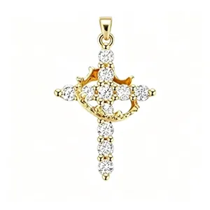 Detailed view of a gold-tone rotatable cross pendant with crown and white stones
