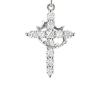 Detailed macro shot of a silver cross pendant with a rotating crown and clear stones